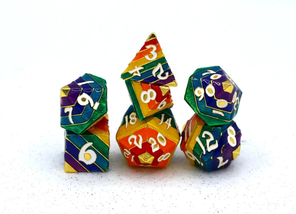 Rainbow Pride Solid Metal Dice Set - Gold with White Dice Set | Gear Gaming Fayetteville