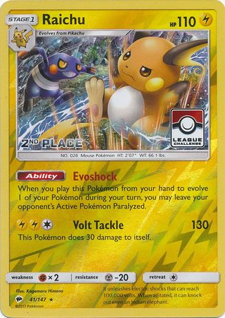 Raichu (41/147) (League Promo 2nd Place) [Sun & Moon: Burning Shadows] | Gear Gaming Fayetteville