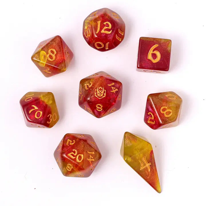 Wyrmforged Rollers-  Rounded edge 8-piece Polyhedral Dice Set: Phoenix Feather | Gear Gaming Fayetteville