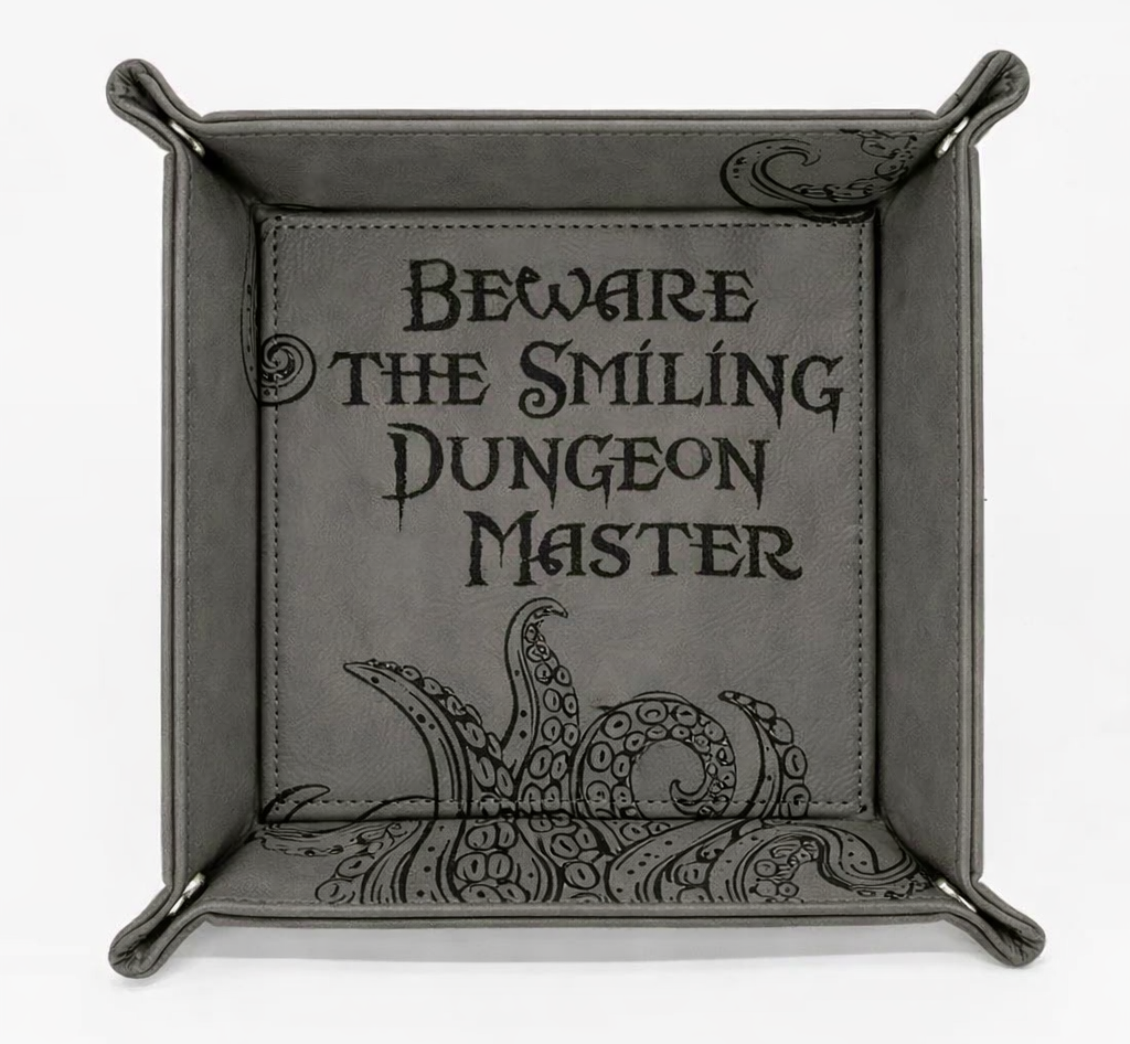 Beware the Smiling DM | Vegan Leather Dice Rolling Tray - Grey | Gear Gaming Fayetteville