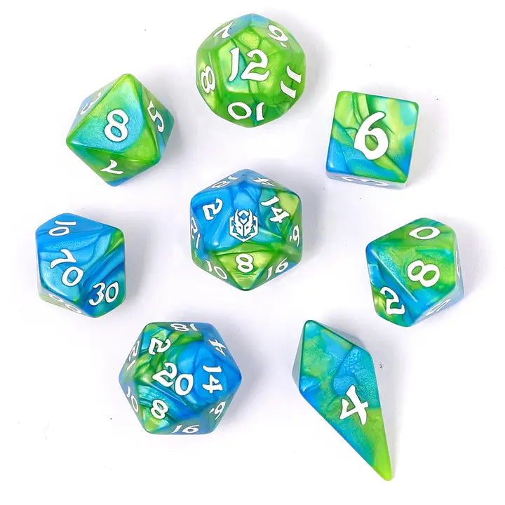 Wyrmforged Rollers-  Rounded edge 8-piece Polyhedral Dice Set: Verdent Stream | Gear Gaming Fayetteville