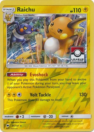Raichu (41/147) (League Promo 1st Place) [Sun & Moon: Burning Shadows] | Gear Gaming Fayetteville