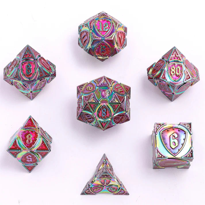 Fighter Solid Metal Polyhedral Dice Set-Rainbow w/UV-reactive Red | Gear Gaming Fayetteville
