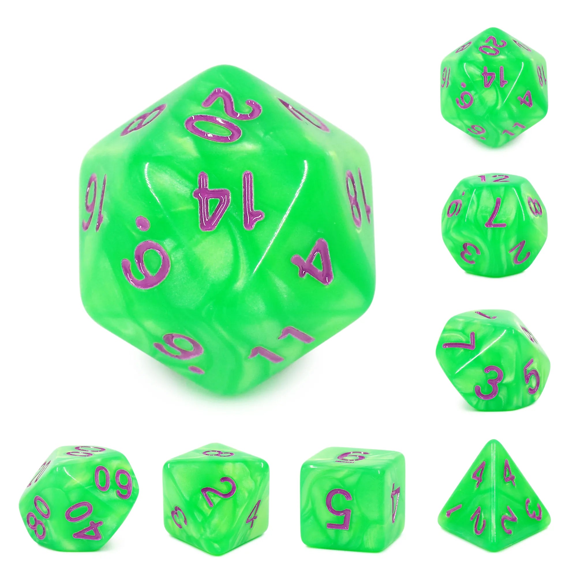 Green with Purple Numbers Pearl 7pcs Dice Set | Gear Gaming Fayetteville