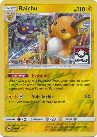 Raichu (41/147) (League Promo 3rd Place) [Sun & Moon: Burning Shadows] | Gear Gaming Fayetteville