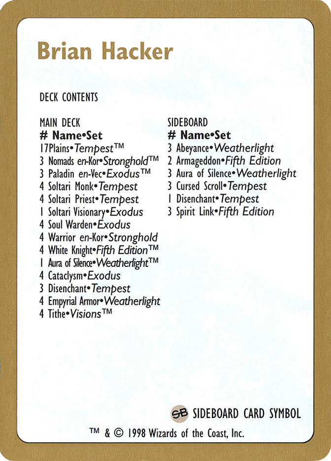 Brian Hacker Decklist [World Championship Decks 1998] | Gear Gaming Fayetteville