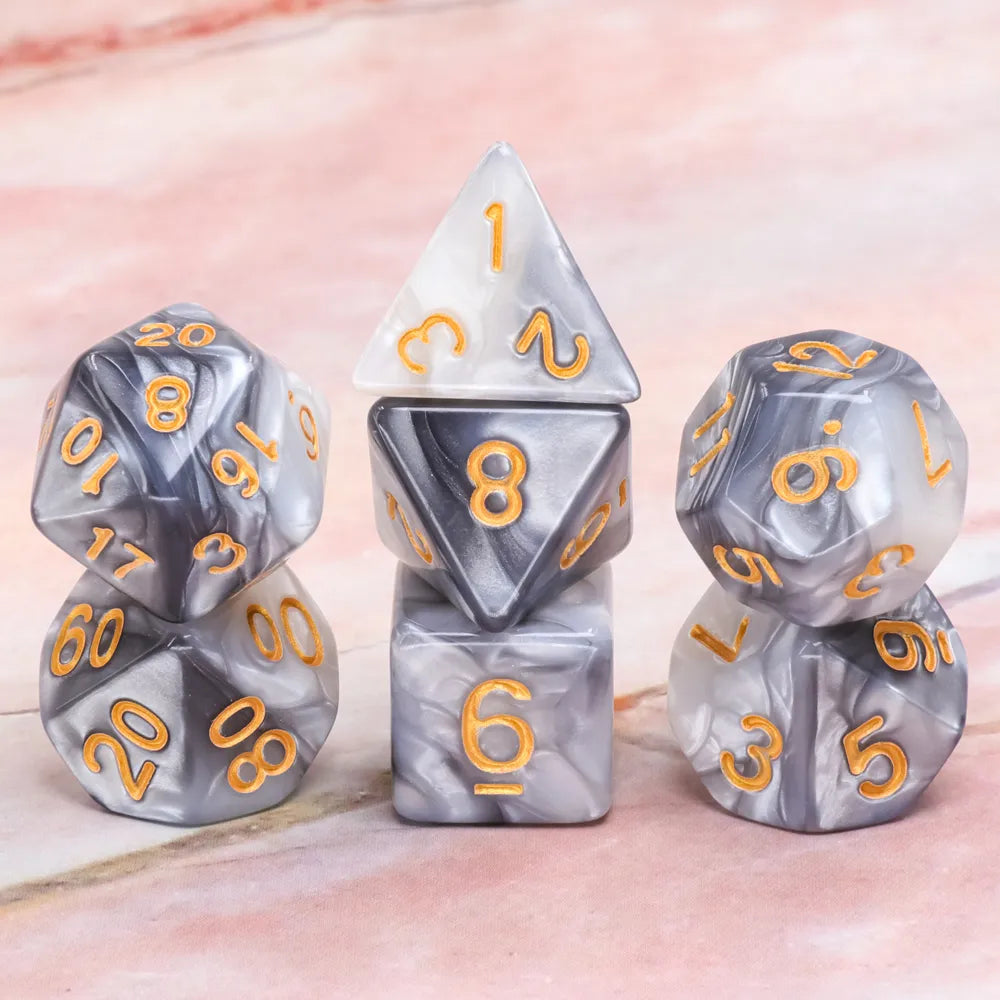 Black+White Blend Gold Font 7pcs Dice Set | Gear Gaming Fayetteville