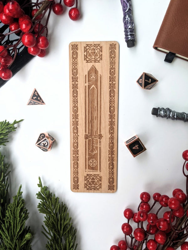 Celtic Dice Sword | Engraved Wooden Bookmark | Gear Gaming Fayetteville