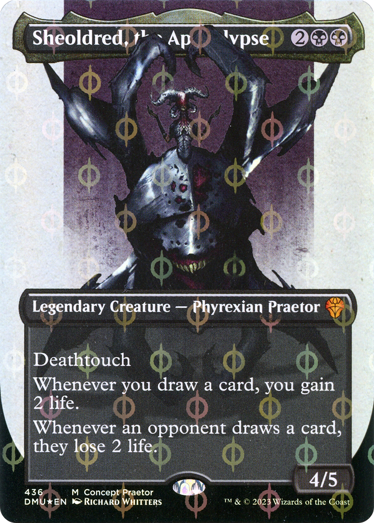 Sheoldred, the Apocalypse (Borderless Concept Praetors Step-and-Compleat Foil) [Phyrexia: All Will Be One] | Gear Gaming Fayetteville