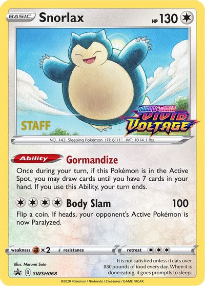 Snorlax (SWSH068) (Staff Prerelease Promo) [Sword & Shield: Black Star Promos] | Gear Gaming Fayetteville