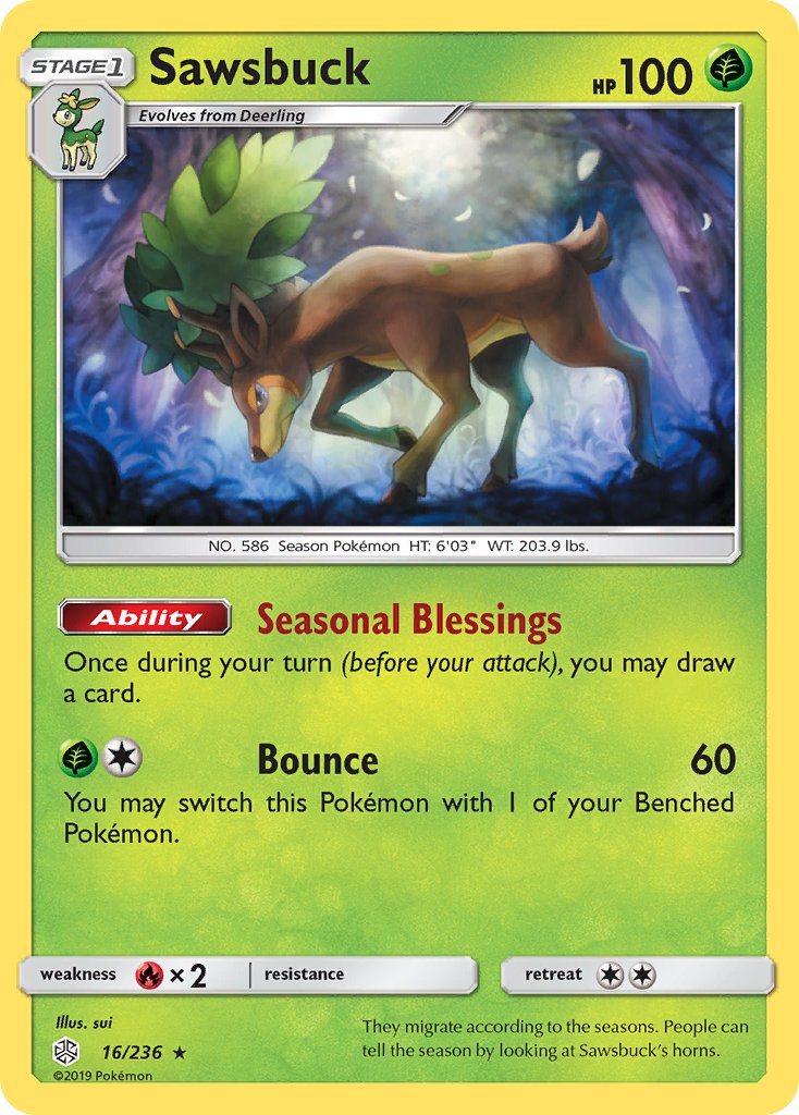 Sawsbuck (16/236) (Prerelease Kit Exclusive) (Theme Deck Exclusive) [Sun & Moon: Cosmic Eclipse] | Gear Gaming Fayetteville