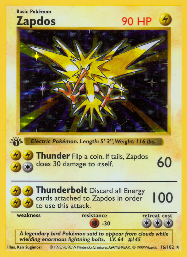 Zapdos (16/102) (Shadowless) [Base Set 1st Edition] | Gear Gaming Fayetteville