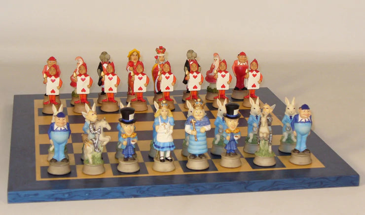 Alice in Wonderland Chessmen on Blue/Tan Chess Board | Gear Gaming Fayetteville
