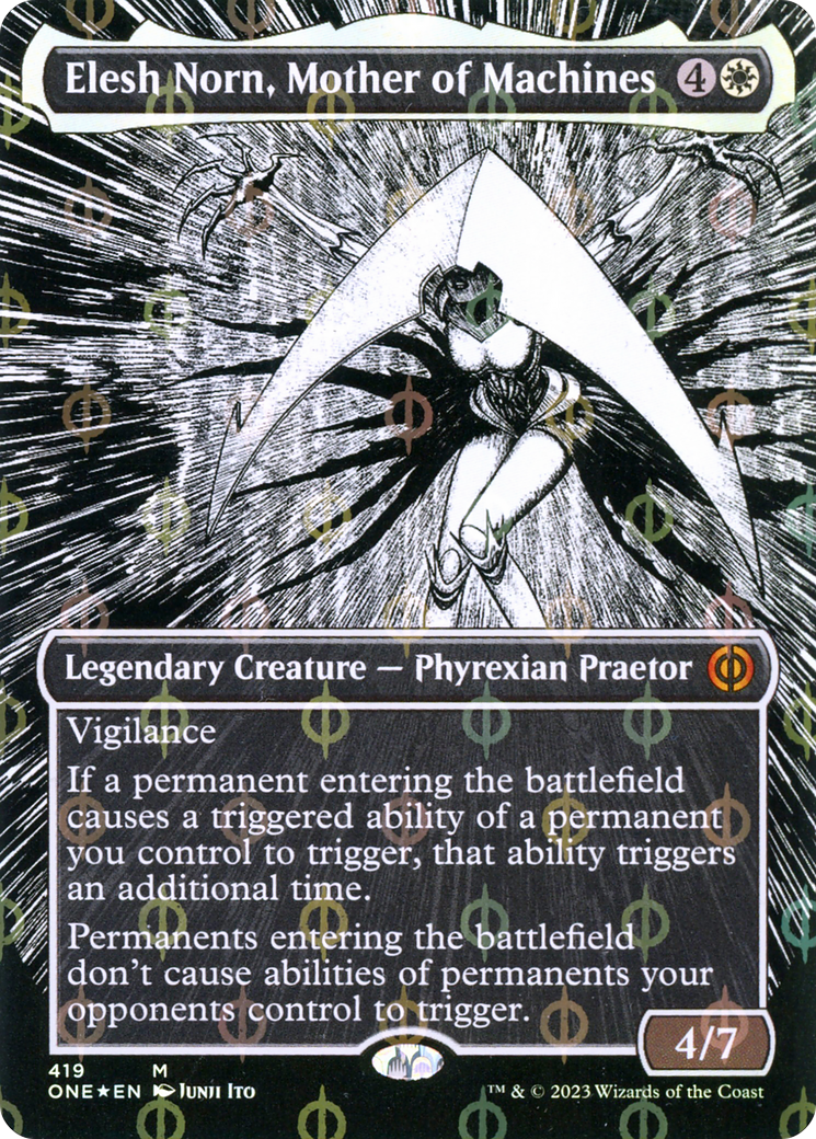 Elesh Norn, Mother of Machines (Borderless Manga Step-and-Compleat Foil) [Phyrexia: All Will Be One] | Gear Gaming Fayetteville