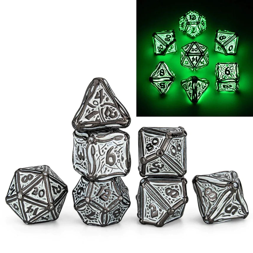 Glow in the Dark Solid Metal Druid Polyhedral Dice Set | Gear Gaming Fayetteville